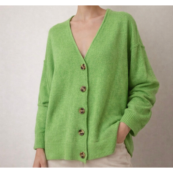 ZENANA Sweaters - Zenana Lime Green Oversized Cardigan Sweater Large NWOT Fuzzy Knit V-Neck Button